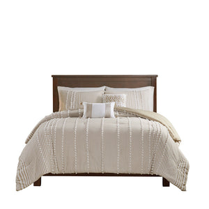 Full/Queen 3 Piece Cotton Yarn Dyed Comforter Set with Tufted Embroidery - Taupe