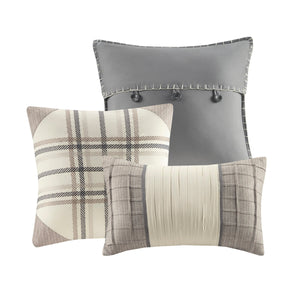 Herringbone Comforter Set with Buffalo Plaid - King, Neutral, 7 Piece