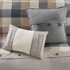 Herringbone Comforter Set with Buffalo Plaid - King, Neutral, 7 Piece