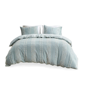 King/Cal King 3 Piece Cotton Jacquard Duvet Cover Set with Reversible Design - Aqua/Ivory