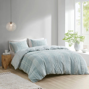 King/Cal King 3 Piece Cotton Jacquard Duvet Cover Set with Reversible Design - Aqua/Ivory