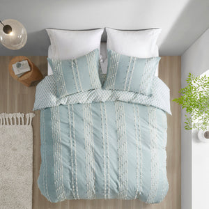 King/Cal King 3 Piece Cotton Jacquard Duvet Cover Set with Reversible Design - Aqua/Ivory