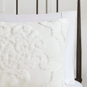 King/Cal King 3 Piece Tufted Cotton Chenille Damask Duvet Cover Set - Off-White