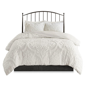 King/Cal King 3 Piece Tufted Cotton Chenille Damask Duvet Cover Set - Off-White