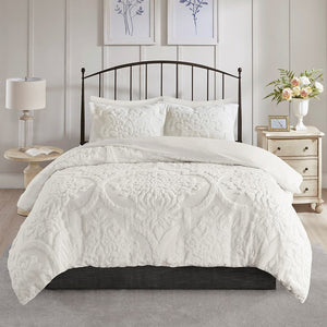 King/Cal King 3 Piece Tufted Cotton Chenille Damask Duvet Cover Set - Off-White