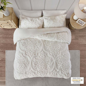 King/Cal King 3 Piece Tufted Cotton Chenille Damask Duvet Cover Set - Off-White