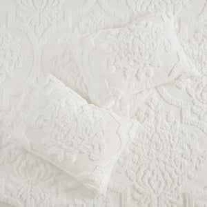King/Cal King 3 Piece Tufted Cotton Chenille Damask Duvet Cover Set - Off-White