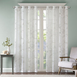 Palm Leaf Burnout Sheer Window Curtain with Antique Silver Grommets - White
