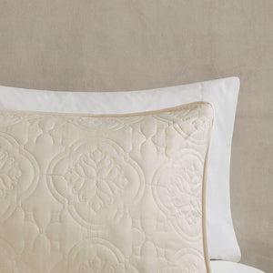Reversible Bedspread Set with Medallion Quilting - Cream Full/Queen