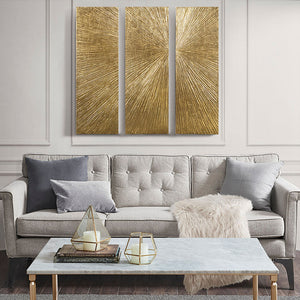 Signature Sunburst Hand-Painted Wall Art Triptych with Gold Foil – Gold