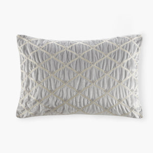 Silver Oblong Velvet Throw Pillow with Hand-Beaded Details - 22x15
