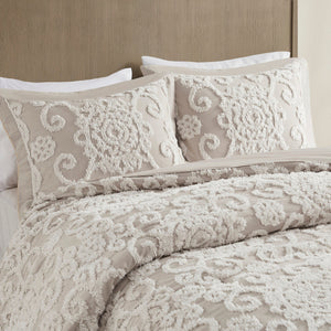 Taupe Cotton Comforter Mini Set with Tufted Chenille Embroidery - King