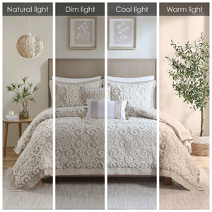 Taupe Cotton Comforter Mini Set with Tufted Chenille Embroidery - King