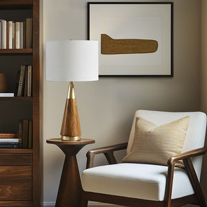 Triangular Table Lamp with Espresso Wood Grain and Linen Shade - Gold & Brown