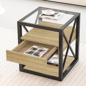 Modern End Tables with Drawer - Set of 2 Nightstands with Tempered Glass Top