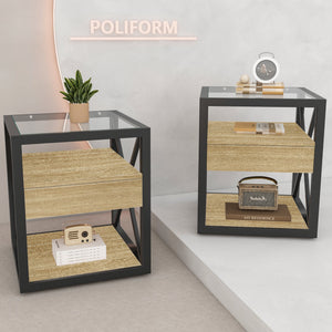 Modern End Tables with Drawer - Set of 2 Nightstands with Tempered Glass Top