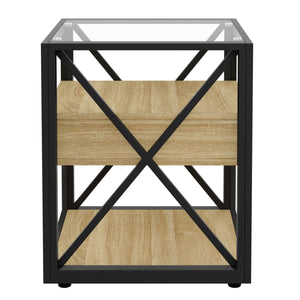 Modern End Tables with Drawer - Set of 2 Nightstands with Tempered Glass Top