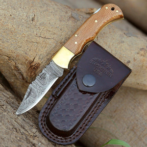 Kepler Damascus Pocket Knife with Exotic Leopard Wood Handle - TRAPSKI