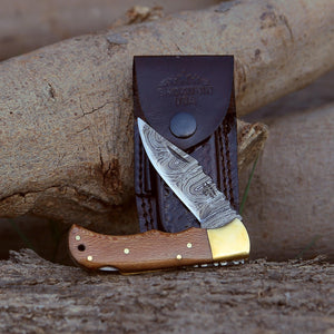 Kepler Damascus Pocket Knife with Exotic Leopard Wood Handle - TRAPSKI