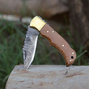 Kepler Damascus Pocket Knife with Exotic Leopard Wood Handle - TRAPSKI