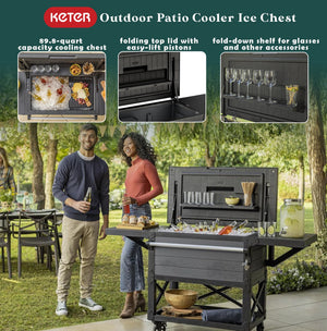Keter Outdoor Patio Cooling Chest, 89.8 Qt Beverage Bar Cart w/ Wheels, Graphite