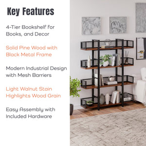 Sturdis 4 Tier Solid Wood Metal Industrial Bookshelf with Mesh Barriers, Black