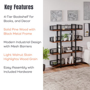 Sturdis 4 Tier Solid Wood Metal Industrial Bookshelf with Mesh Barriers, Black