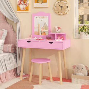 Kid Vanity Table Chair Set with Mirror and 2 Large Storage Drawers