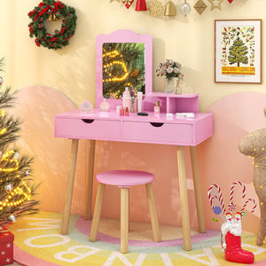 Kid Vanity Table Chair Set with Mirror and 2 Large Storage Drawers