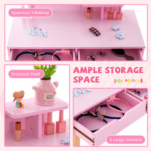 Kid Vanity Table Chair Set with Mirror and 2 Large Storage Drawers