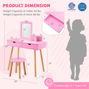 Kid Vanity Table Chair Set with Mirror and 2 Large Storage Drawers