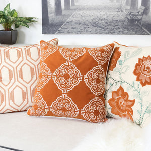 Burnt Orange Damask Embroidered Throw Pillow with Velvet Finish - Burnt Orange