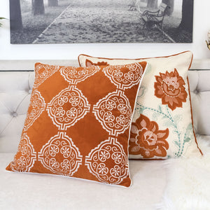 Burnt Orange Damask Embroidered Throw Pillow with Velvet Finish - Burnt Orange
