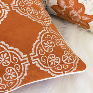 Burnt Orange Damask Embroidered Throw Pillow with Velvet Finish - Burnt Orange