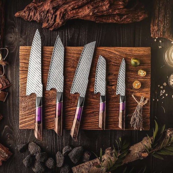 Elite Series VG10 Damascus Knife Set with Exotic Burl Wood Handle