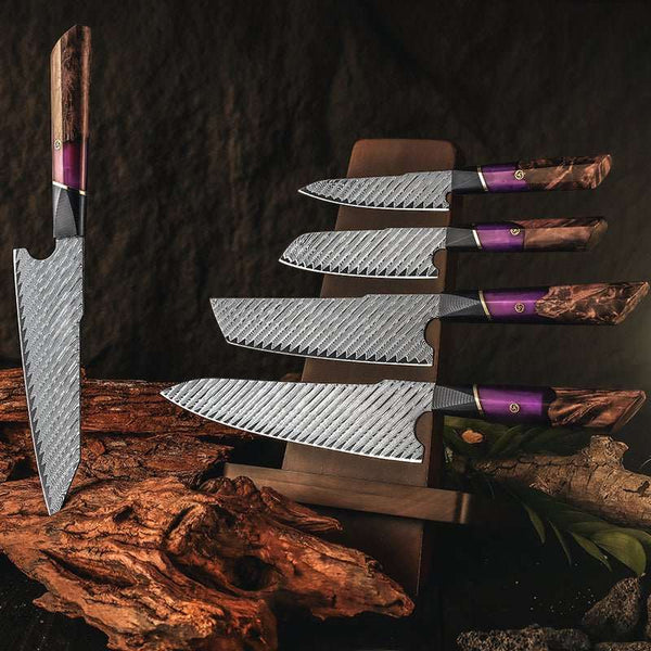 Elite Series VG10 Damascus Knife Set with Exotic Burl Wood Handle