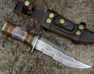 Kris Damascus Hunting Bowie Knife with Exotic Rose wood & Bone handle - TRAPSKI