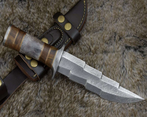 Kris Damascus Hunting Bowie Knife with Exotic Rose wood & Bone handle