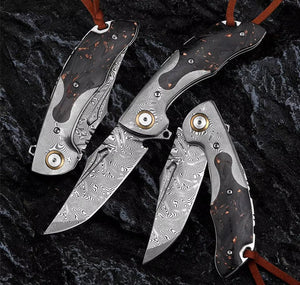 Kronos Gentleman's Damascus Pocket Knife with Damascus & Carbon Fiber Handle - TRAPSKI