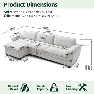 L Shape Living Room Sofa with Ottoman in Soft Chenille Beige