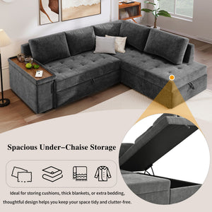 L Shaped Sleeper Sectional Sofa with Pull Out Bed and Storage - Dark Gray