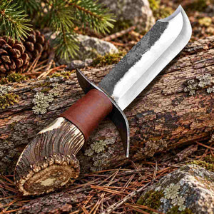 Handmade High Carbon Steel Bowie Knife with Stag Horn Handle and Leather Sheath