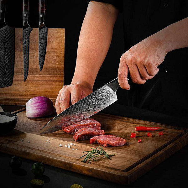 Supreme VG10 8-Pc Professional Chef Knife Set with Stained Olive Wood Handle & Sheath