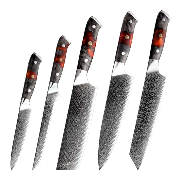 Supreme Pro Japanese Knife Set - 5-Piece, VG10 Damascus with Ebony Burl Wood Handle & Sheath