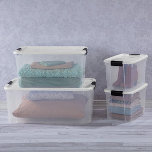Sterilite 30 Qt Clear Plastic Stackable Storage Bin w/ Latch Lid, White (6 Pack)