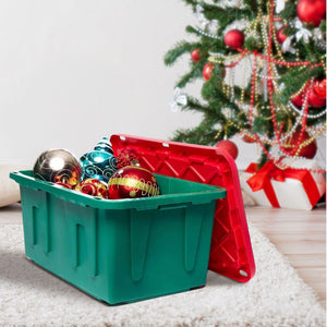 HOMZ Durabilt 15 Gallon Heavy Duty Holiday Storage Tote, Green/Red (2 Pack)
