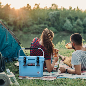 CAMP-ZERO 10 Liter 10.6 Quart Lidded Cooler with 2 Molded In Cup Holders, Sky