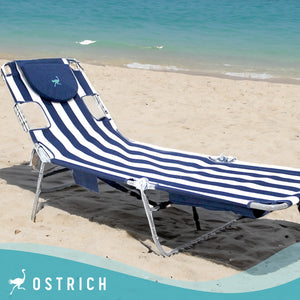 Ostrich Backpack Chaise Folding Lounge Chair w/Storage Bag, Navy Stripe (2 Pack)