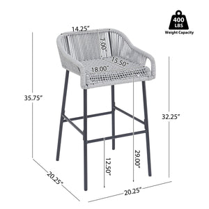 Light Gray Rope Outdoor Bar Stool Set with UV Resistance - Set of 2