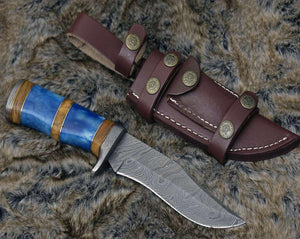 Lightbane Damascus Big Game Hunting Knife with Bone, Olive Wood Handle & Sheath - TRAPSKI